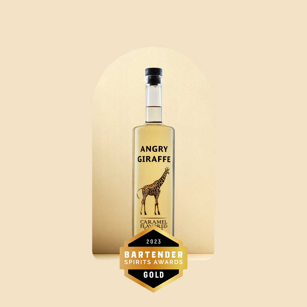 A bottle of Angry Giraffe Caramel vodka and a gold medal for Bartender Spirits award 2023.