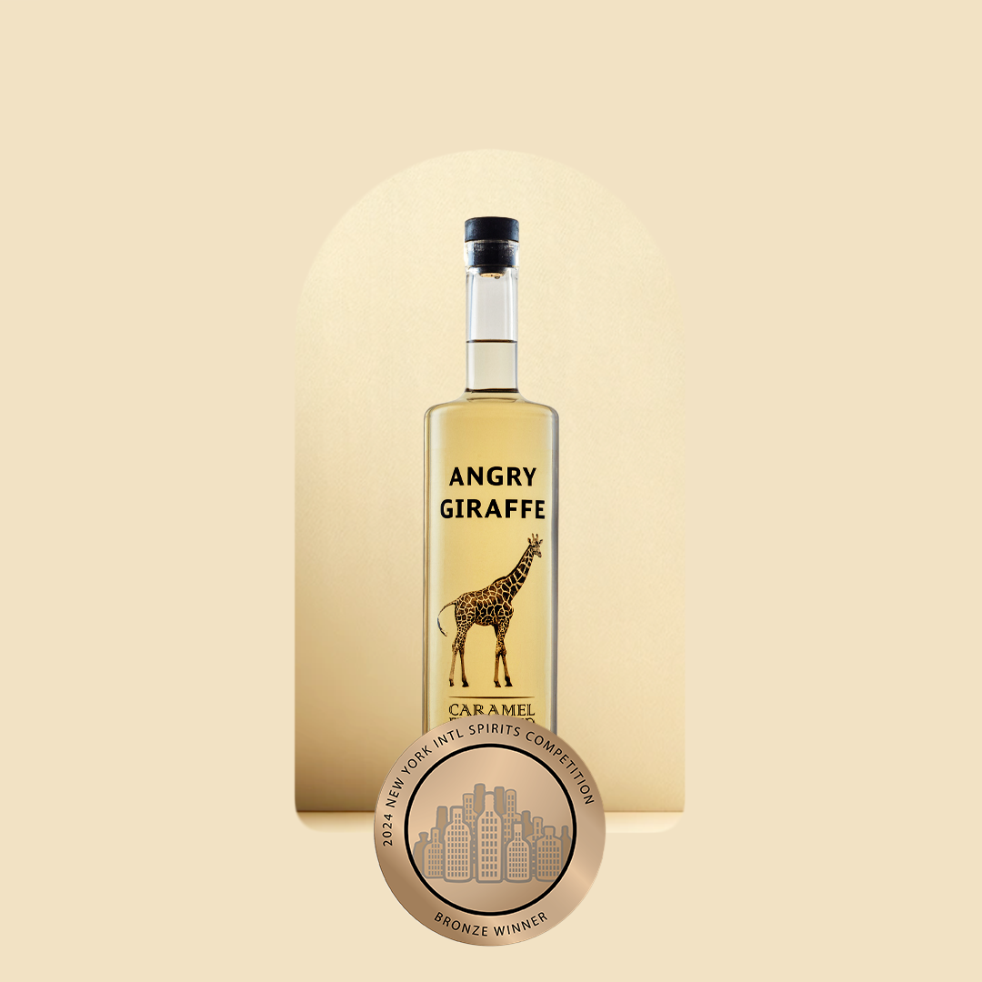 A bottle of Angry Giraffe Caramel vodka and a bronze medal for New York International Spirits Competiton 2024.