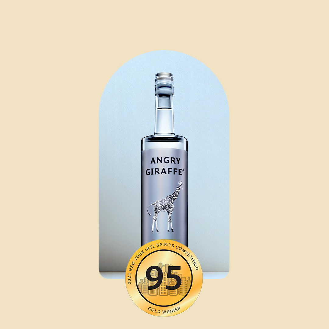 A bottle of Angry Giraffe Premium vodka and a gold medal for New York International Spirits Competiton 2024.