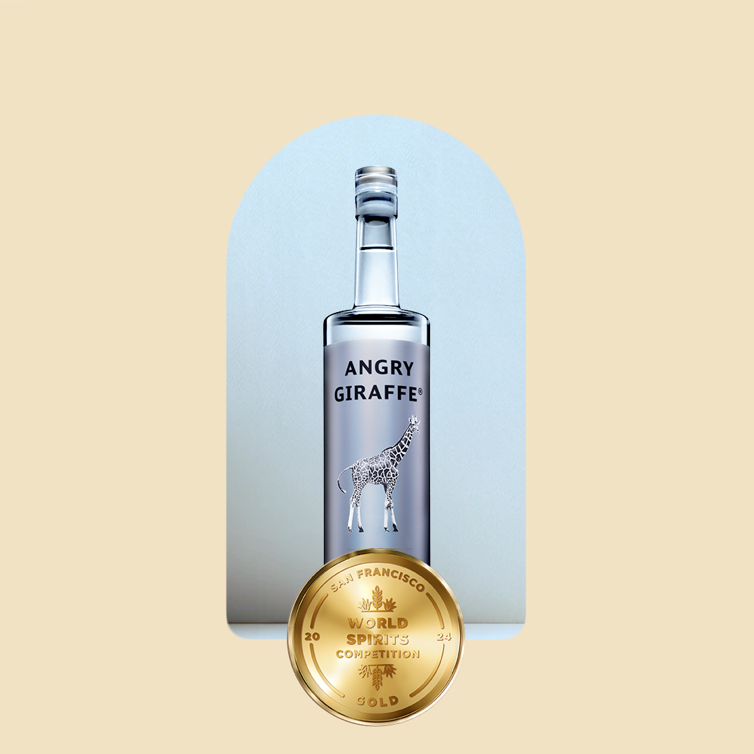 A bottle of Angry Giraffe Premium vodka and a gold medal for San Francisco World Spirits Competion 2024.