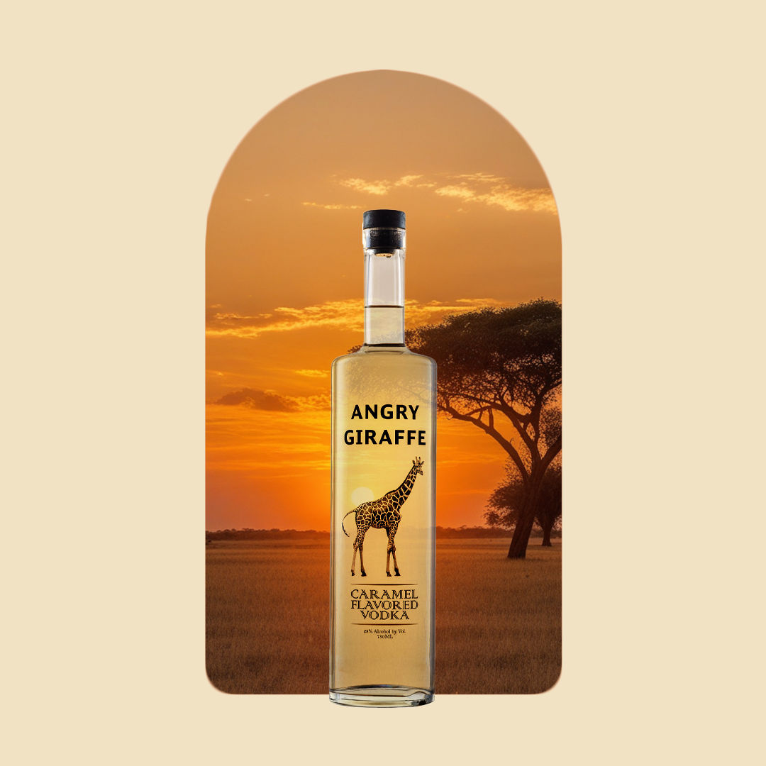 Bottle Of Angry Giraffe Caramel Vodka, with African savanna sunset backdrop.