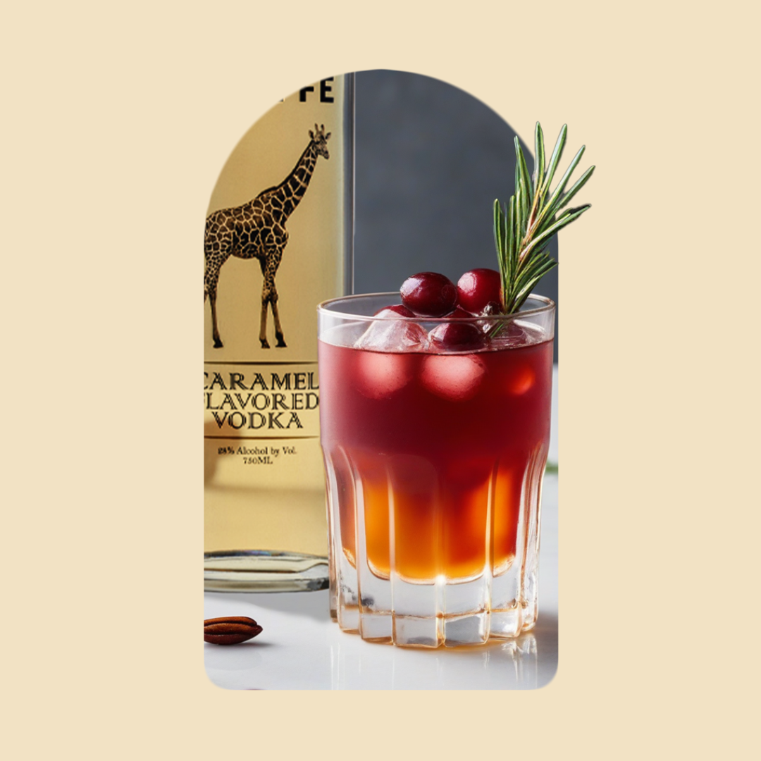 A cranberry vodka cocktail, and bottle Of Angry Giraffe Caramel Vodka.